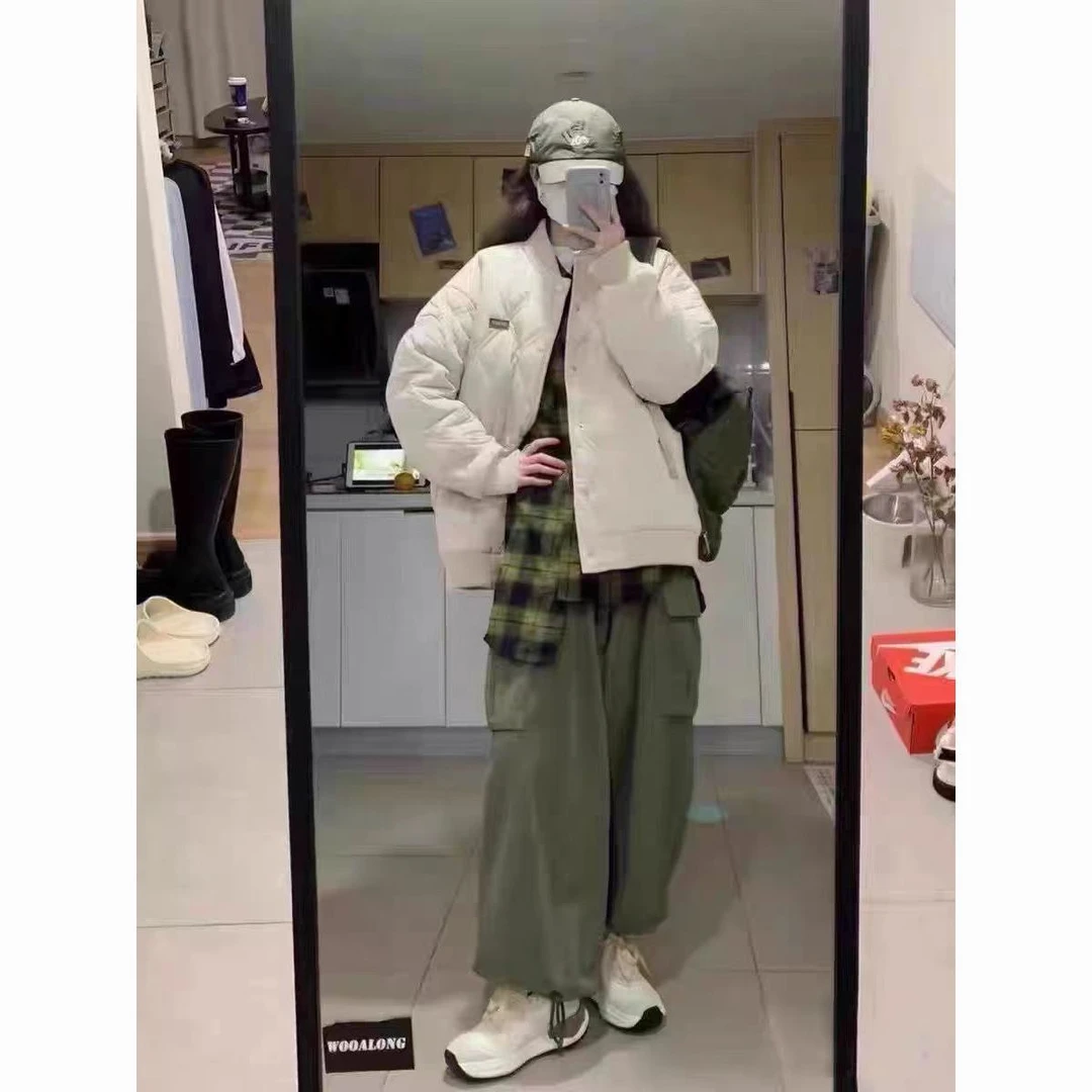 菱形格棉服女年秋冬韩系小众oversize棉服男女中性风棒球领外套