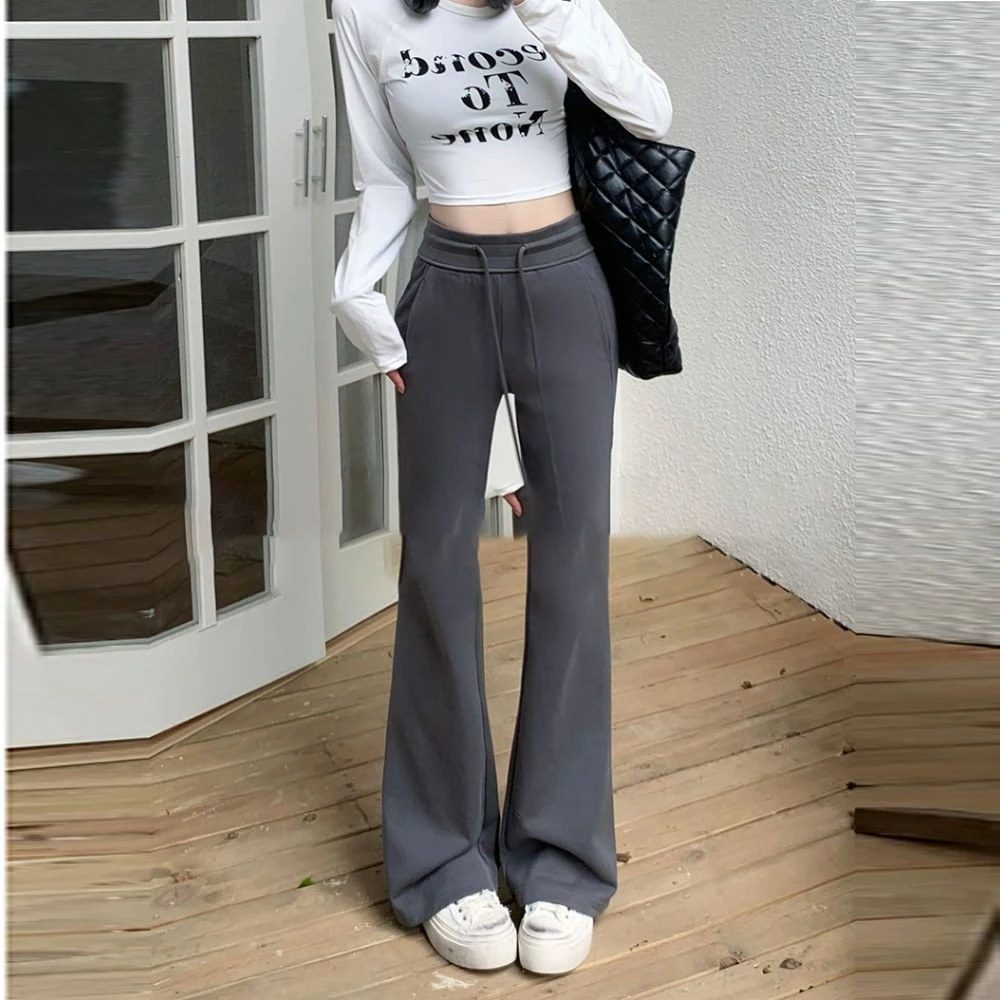 美式灰色运动休闲裤女春秋抽绳高腰垂感显瘦微喇叭拖地瑜伽裤子潮