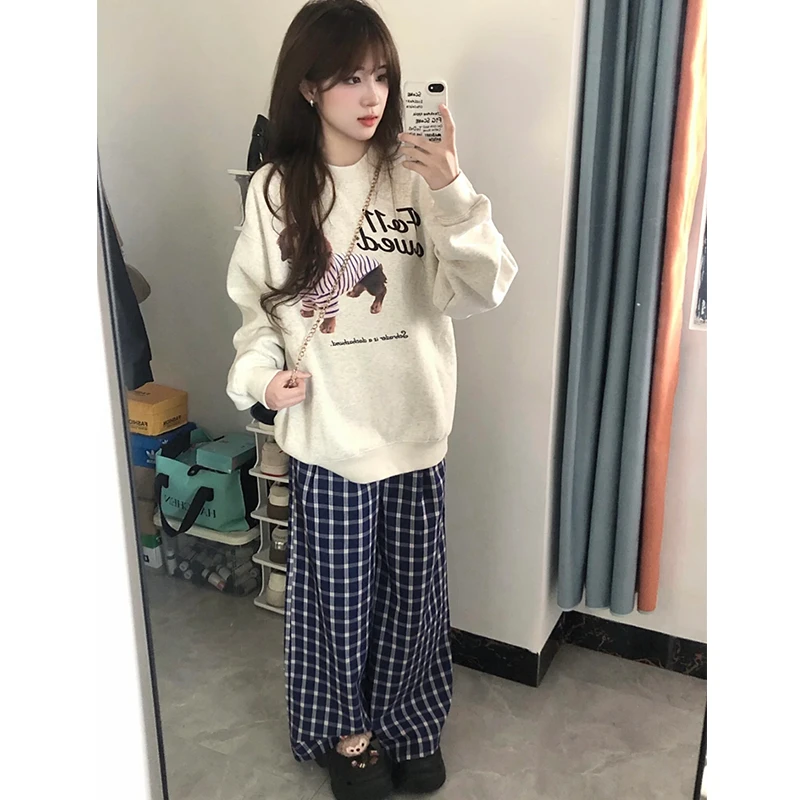 韩系穿搭一整套女秋冬印花圆领卫衣格子裤宽松休闲慵懒风两件套装