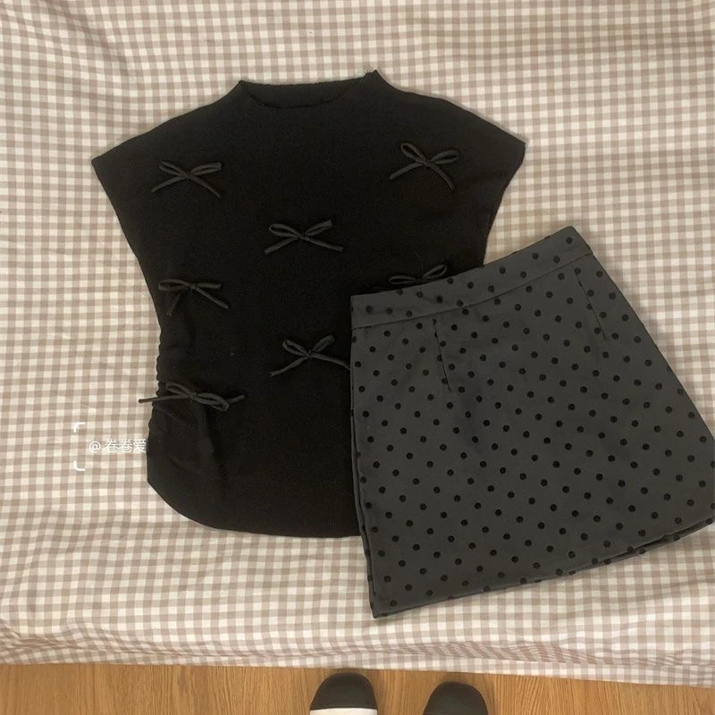 miu系穿搭一整套夏季新款韩系修身蝴蝶结收腰上衣波点短裙两件套
