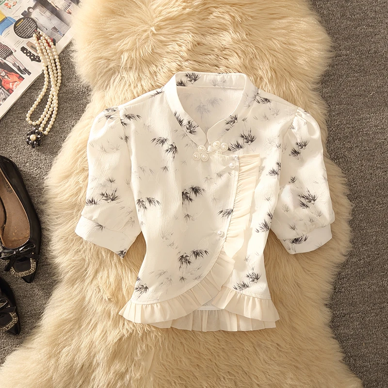 显瘦小个子洋气时尚法式女装上衣气质短款夏季复古中国风设计感