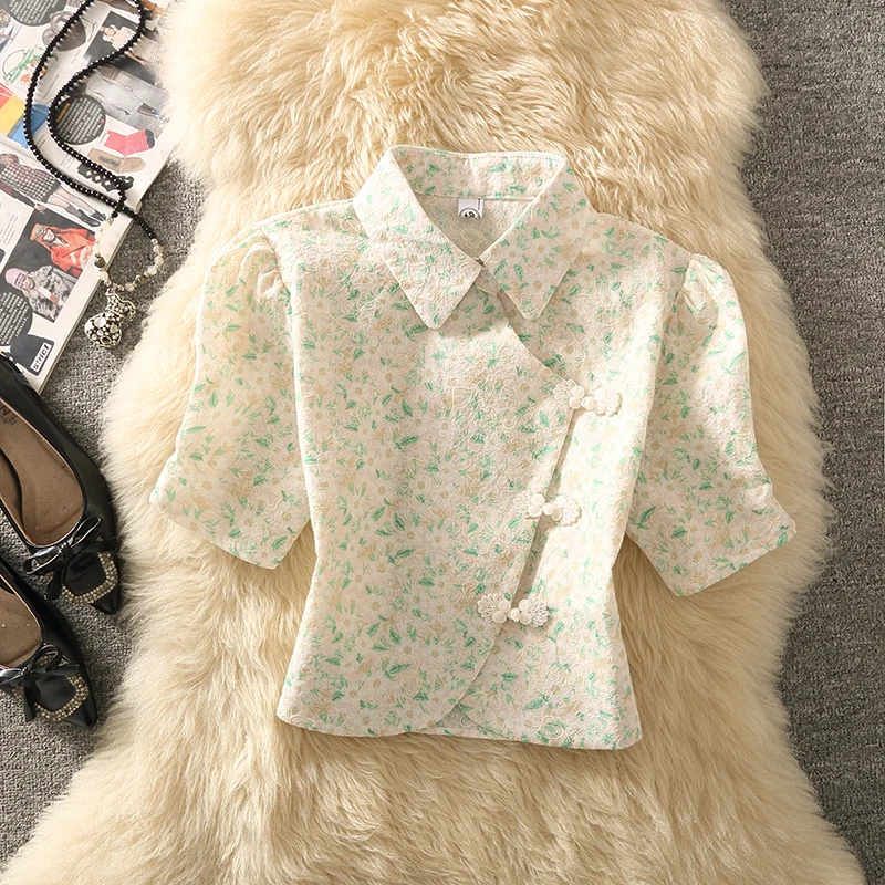 复古中国风旗袍扣衬衫女设计感小众polo领提花小衫夏装碎花上衣服