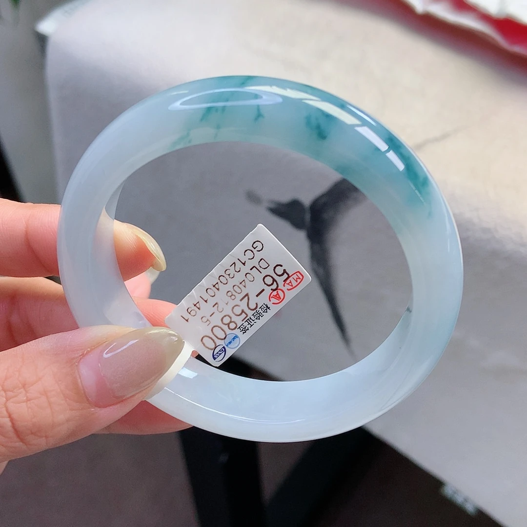 翡翠手镯未镶嵌小宽版冰润飘蓝花57-58 22