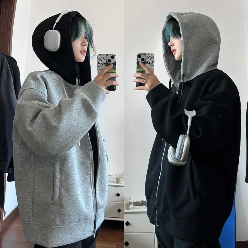 假两件连帽开衫卫衣男款秋冬季美式复古450g重磅潮牌运动休闲外套