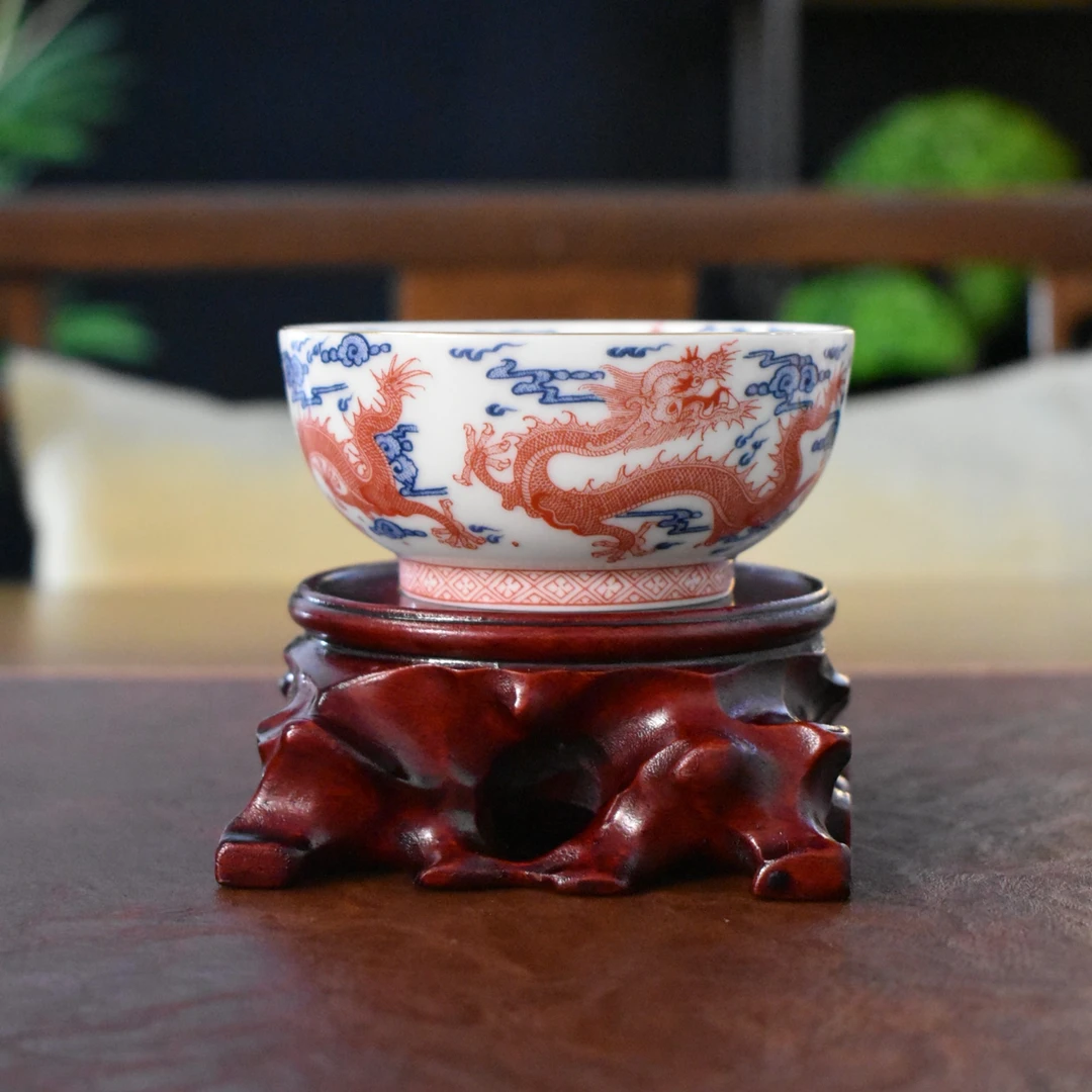 景德镇茶具 釉里红红九龙主人杯 仿古泥釉下彩釉里红高档茶具茶器