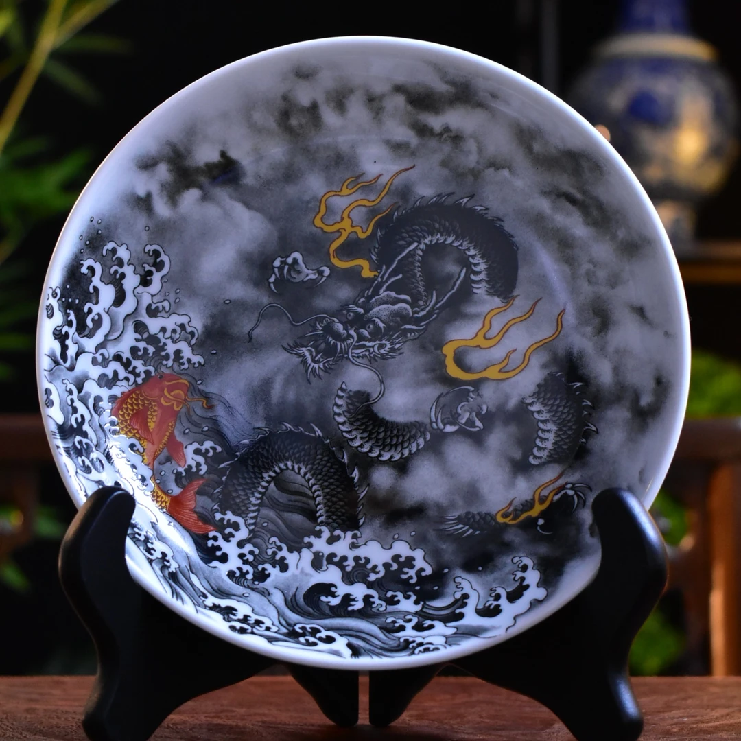景德镇茶具墨彩鱼化龙壶承仿古泥釉上彩墨彩壶承高档茶具青花瓷器