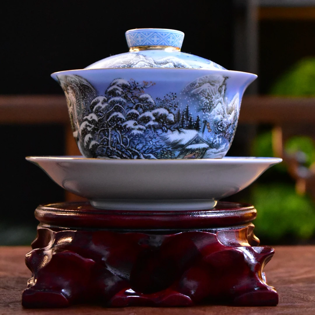 景德镇茶具瑞雪兆丰年元宝型盖碗仿古泥釉上粉彩高档茶具青花瓷器