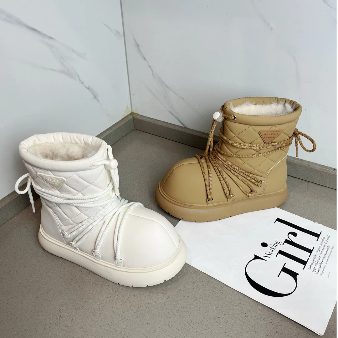 厚底防水雪地靴2024新款冬季时尚加厚皮毛一体套筒抽绳保暖大棉靴