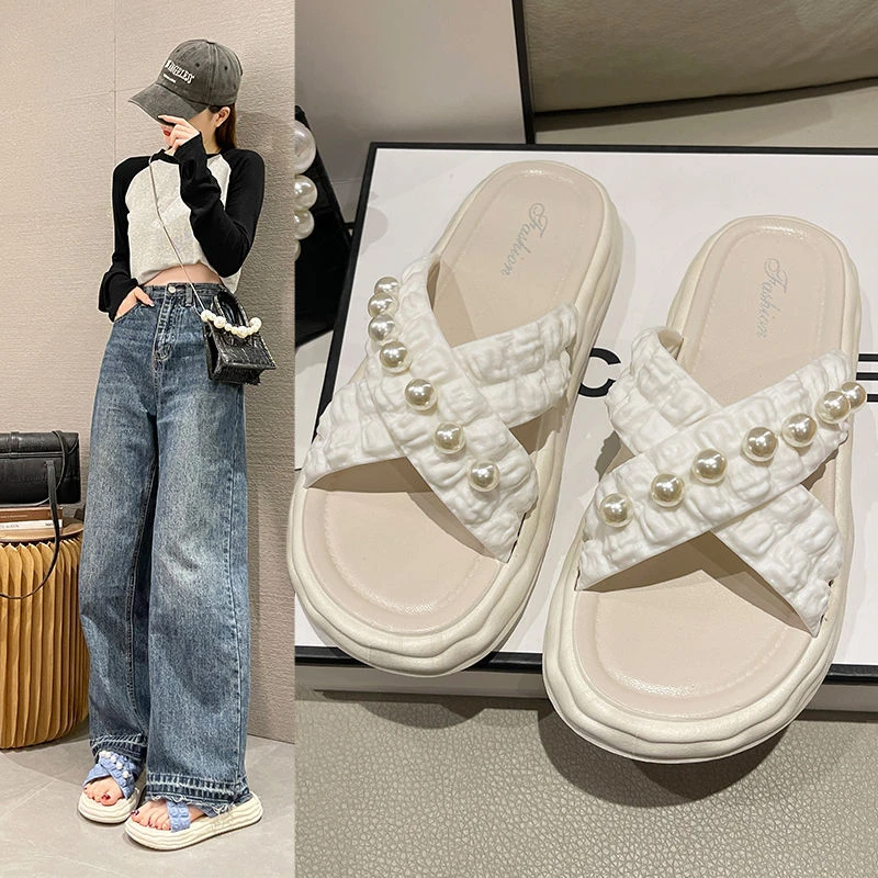 仙女风珍珠2023新款凉拖鞋女松糕厚底鞋外穿时尚网红沙滩拖鞋ins
