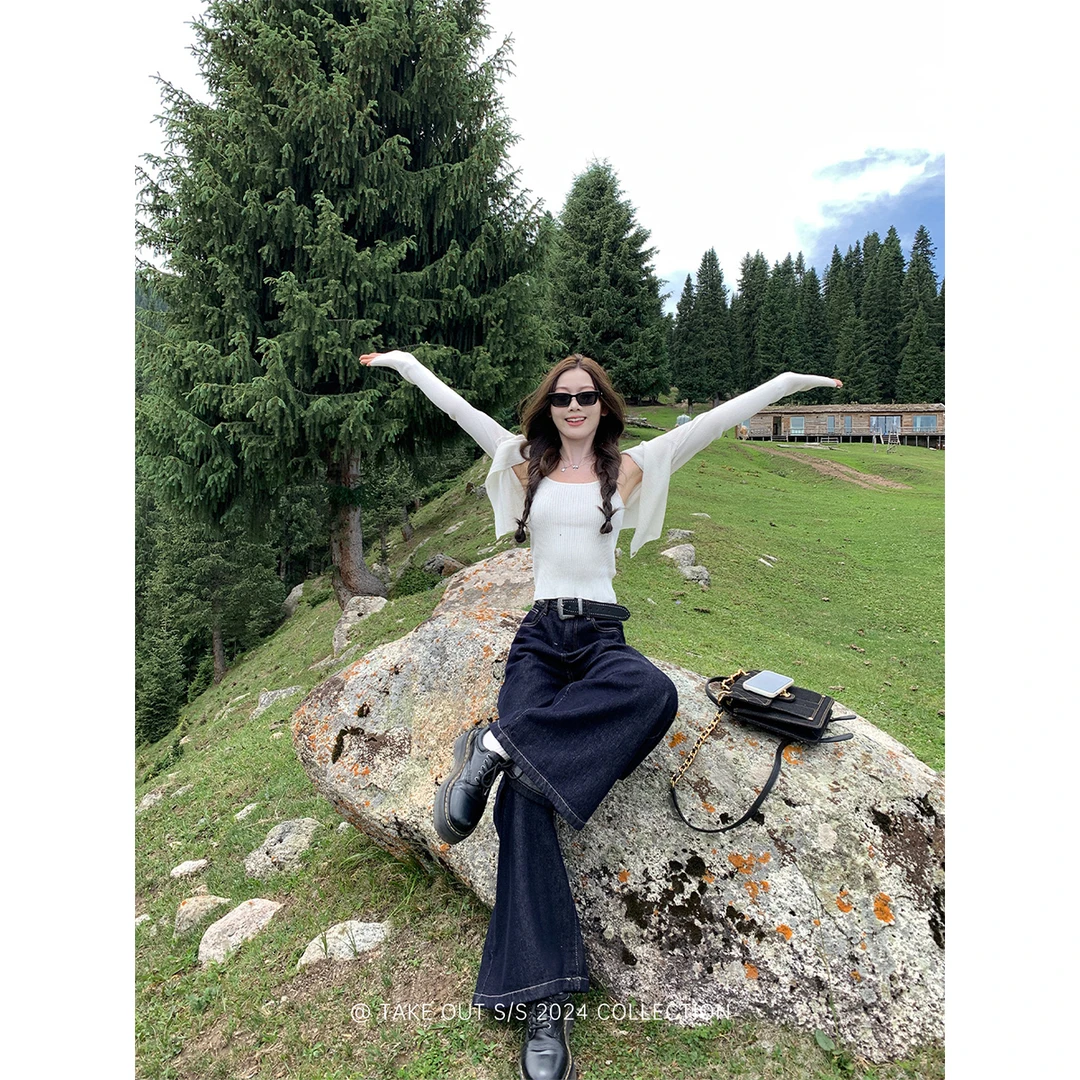 外卖到了【深蓝】韩版复古休闲百搭阔腿牛仔裤-WM4GSK11