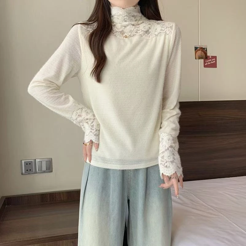 高领蕾丝拼接加绒加厚打底衫上衣2025春季新款大码女装胖mm百搭