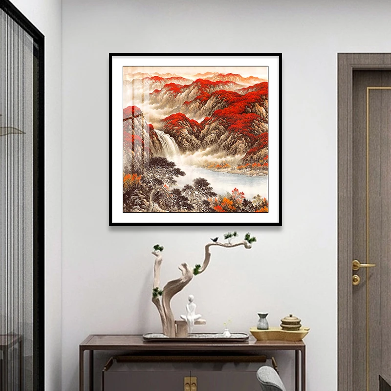 鸿运当头斗方装饰画新中式走廊过道尽头墙壁画客厅入户正对门挂画