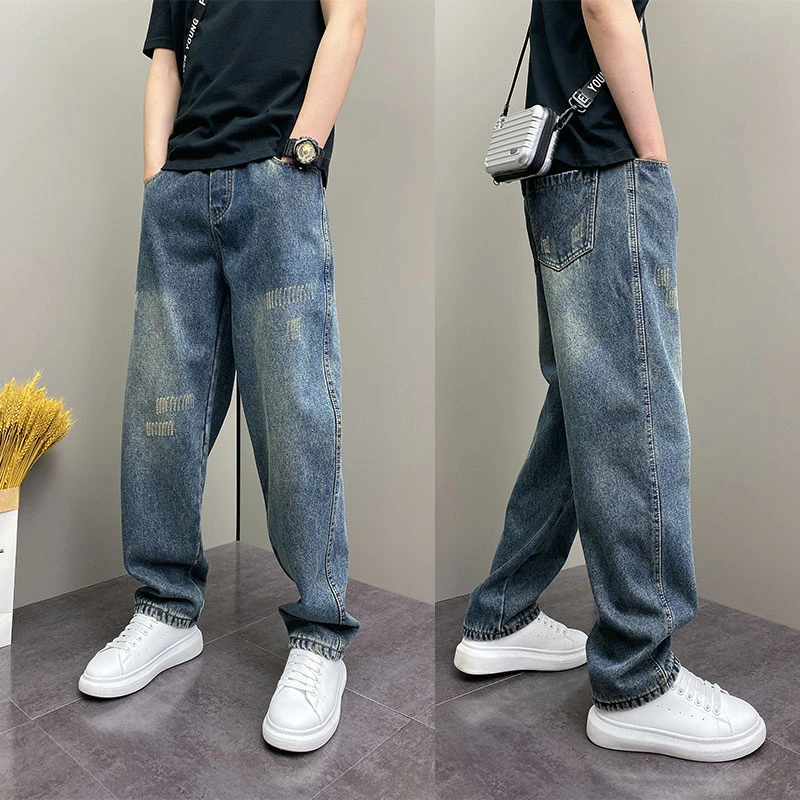 2025春季修身时尚直筒裤美式潮流ins水洗牛仔裤简约韩版蓝色长裤