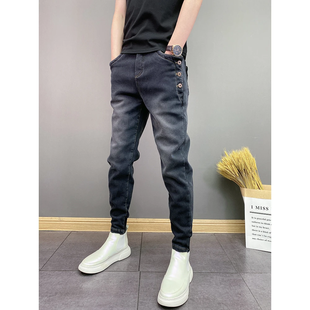 春季新款痞帅潮流高级复合水洗渐变修身小脚男士青年休闲牛仔裤子