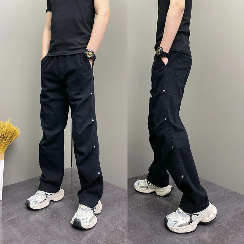 弹力松紧腰宽松直筒纯色简约长裤男裤子排口装饰小众设计感休闲裤