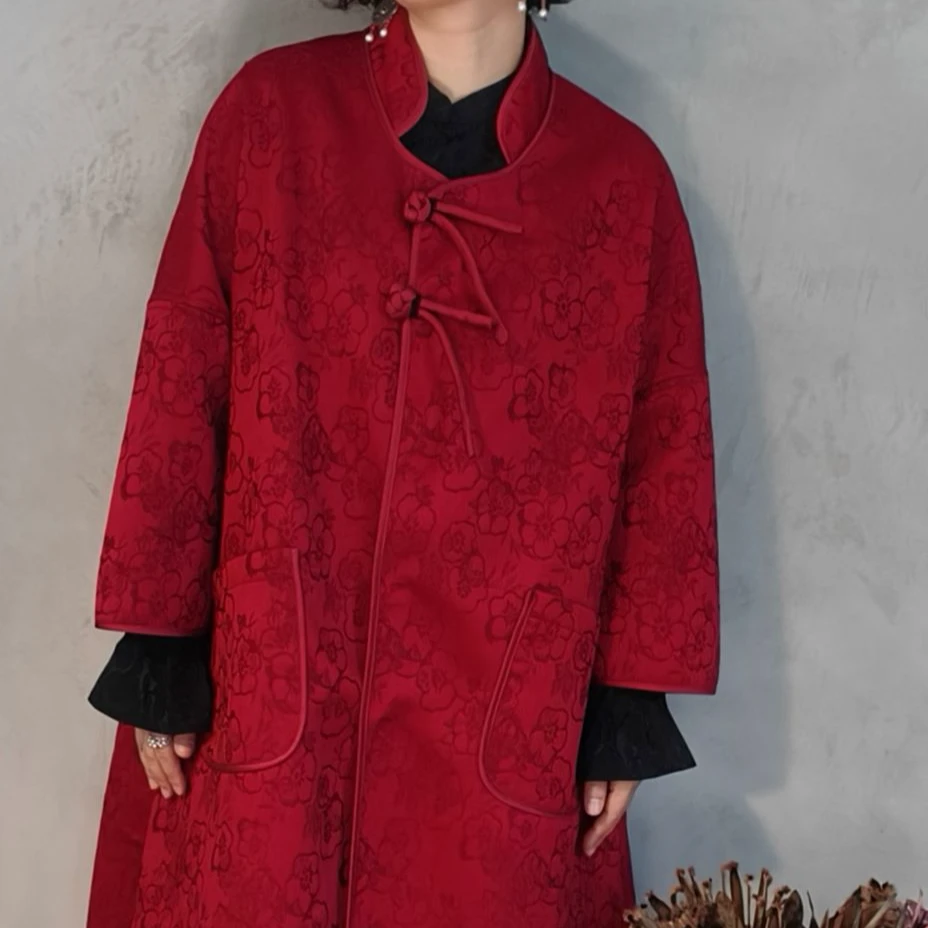 复古文艺提花立领新中式盘扣中长款外套 3275