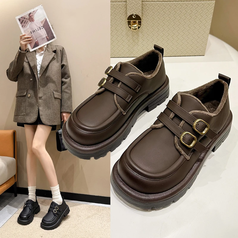 8173英伦风厚底系带加绒单鞋女年秋季新款学院乐福鞋增高jk小皮鞋
