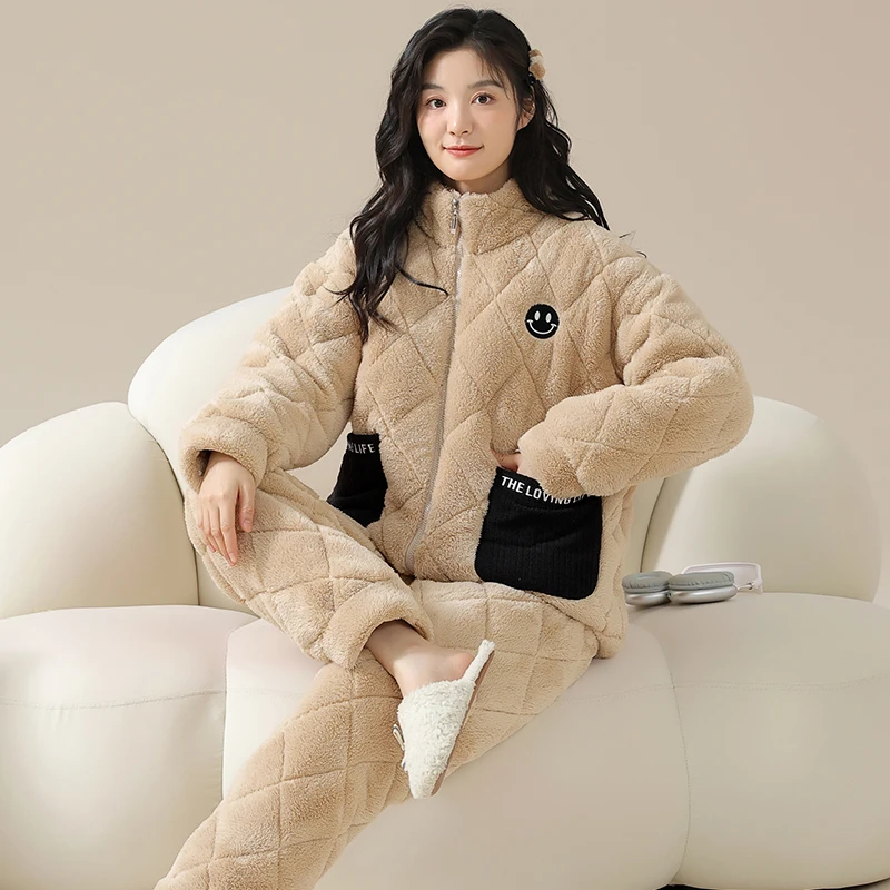 帕兰朵睡衣女冬季三层夹棉加厚加绒保暖珊瑚绒冬天舒适家居服套装