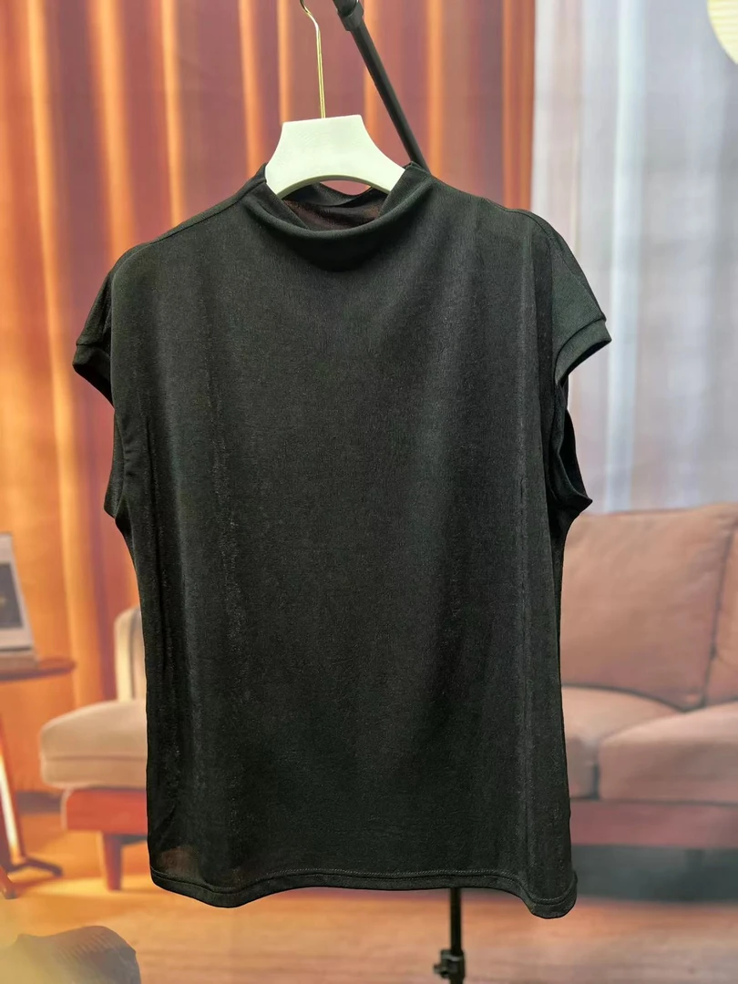 881简约洋气显气质百搭时尚半高领宽松高弹纯色短袖T恤可外穿女