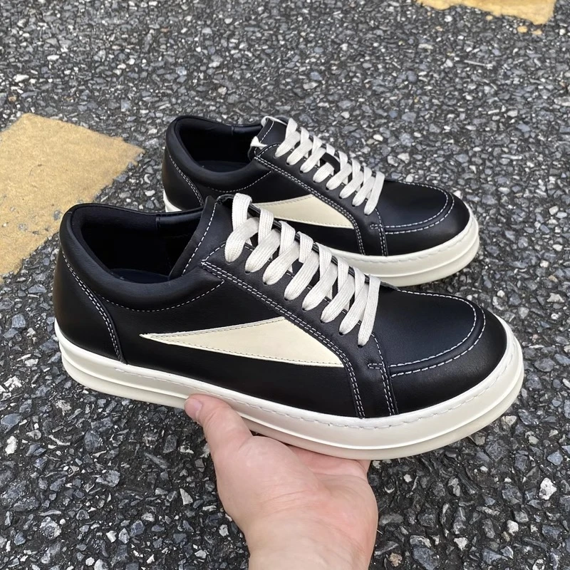 男鞋2025夏季新款风皮面暗黑黑白百搭高街低帮板鞋男系带经典时尚