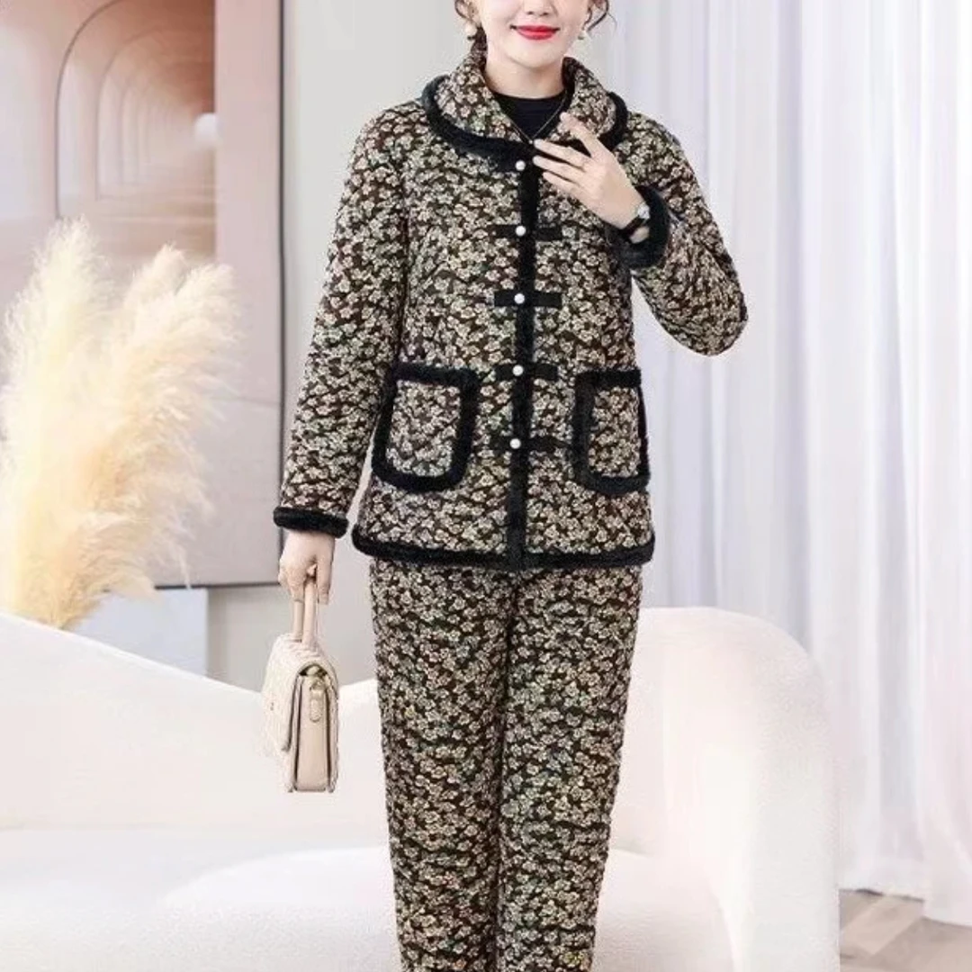 ＃684翻领珍珠扣加绒加厚棉服套装，2014冬季中老年时尚妈妈套装