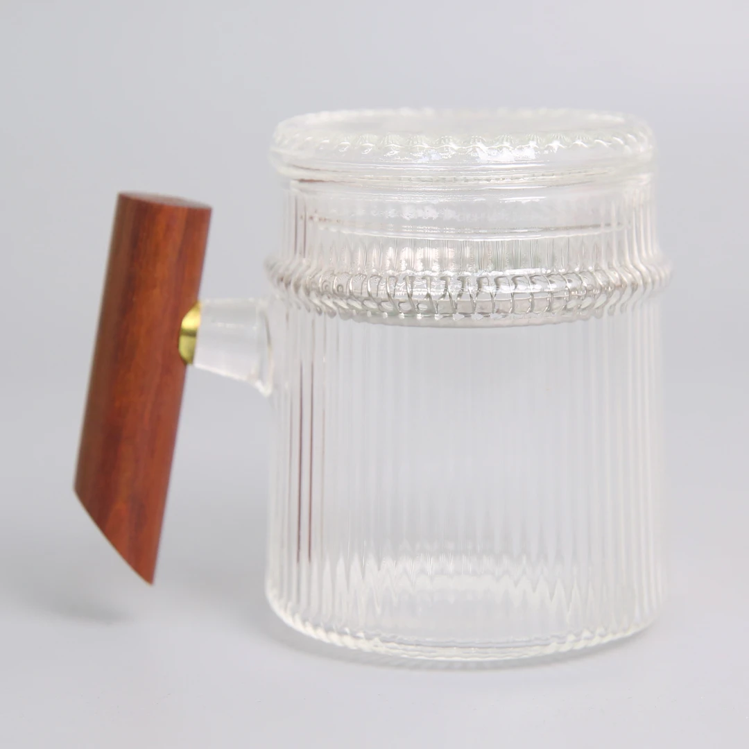 文新竖纹玻璃杯杯子条纹家用带盖锤纹300毫升