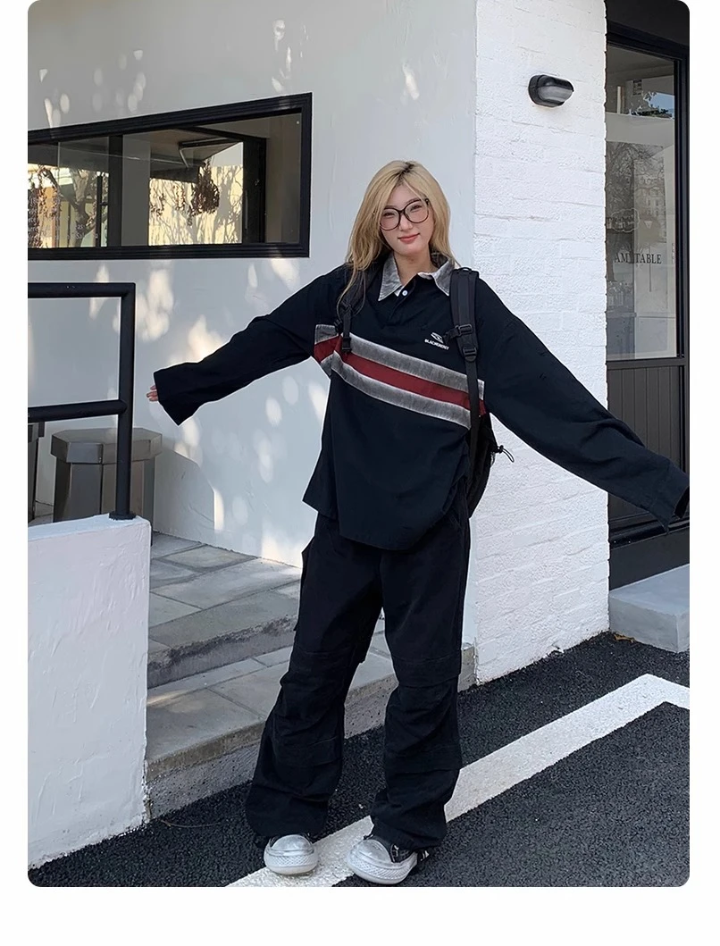 美式复古拼接撞色不规则polo翻领卫衣设计感小众女做旧废土风上衣