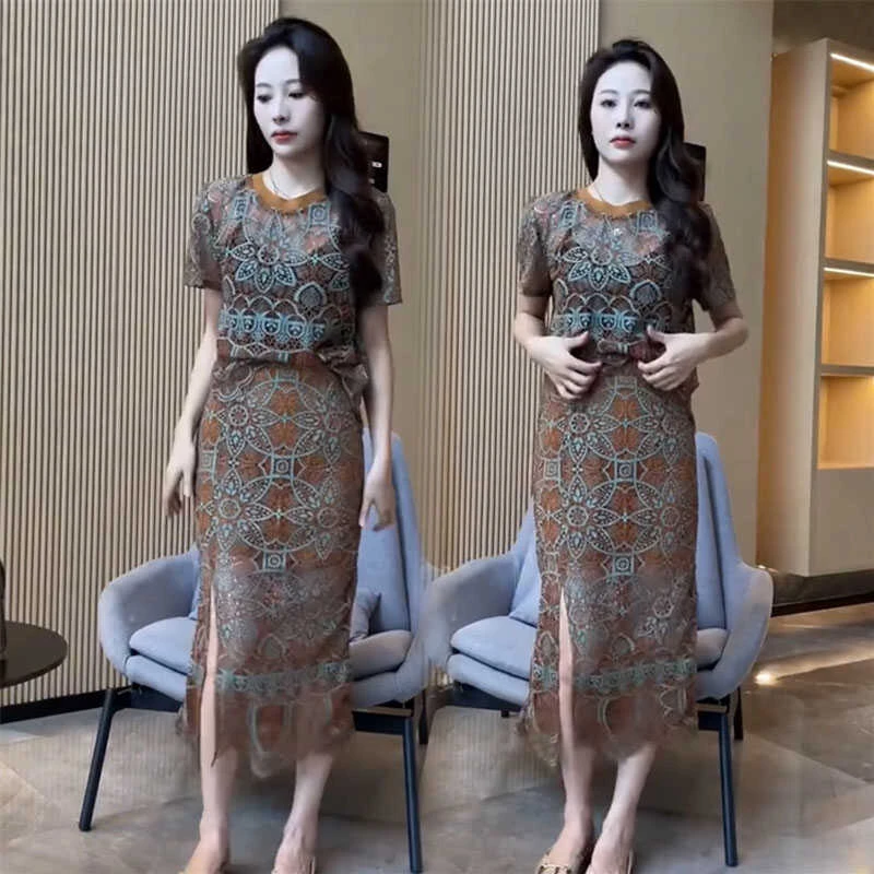 蕾丝提花镂空套装裙女2024新款夏季时尚气质修身显瘦中长款两件套