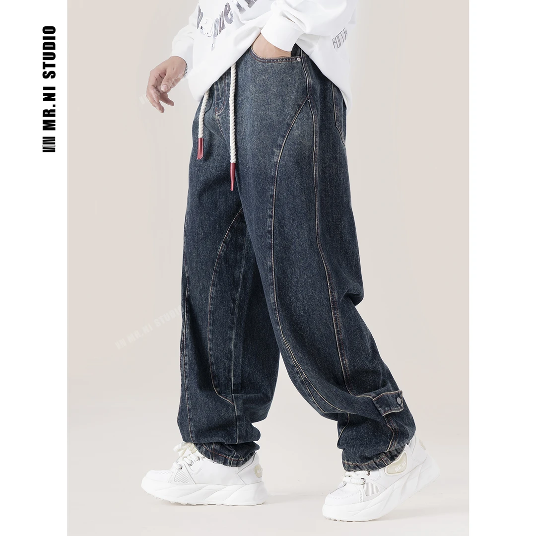MR.NI/倪先生“赤红丹宁”弧形撞色复古渐变洗水阔腿直筒牛仔长裤