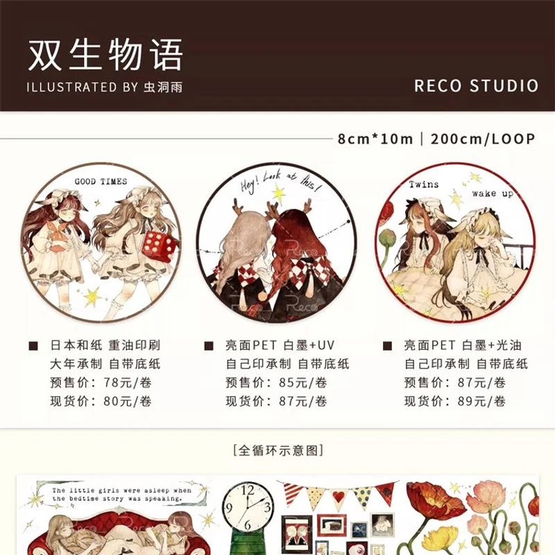 满18包邮Reco 双生物语白墨光油分装特材拼贴贝壳光流麻手帐胶带