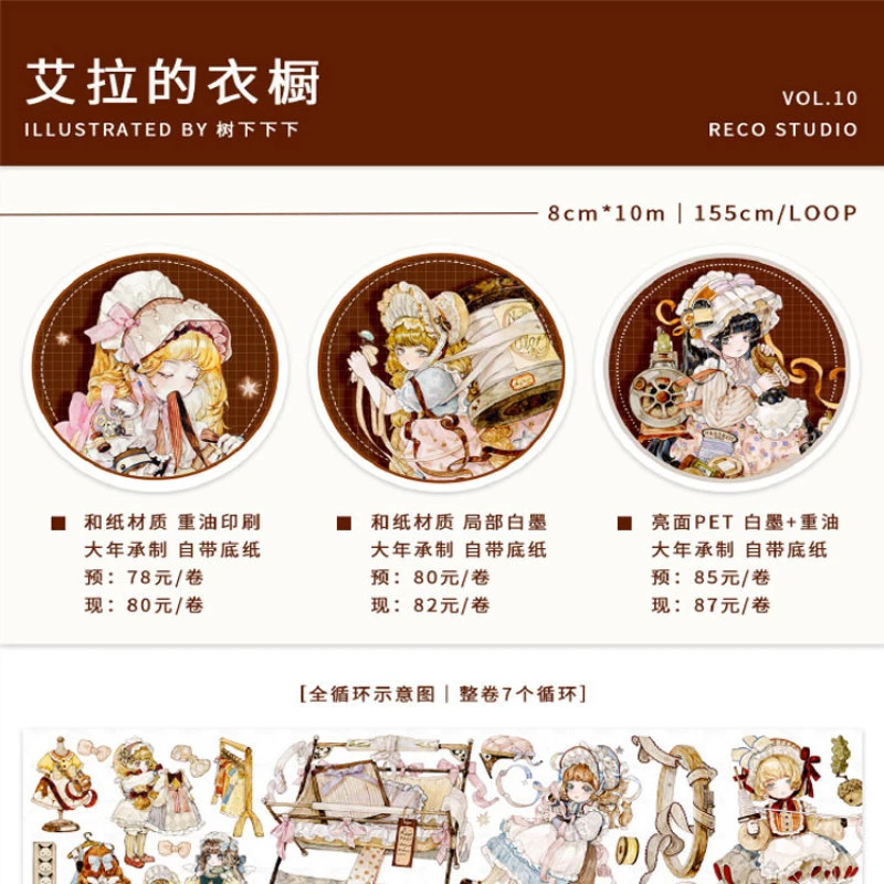 满18包邮Reco艾拉的衣橱pet亮面分装特材拼贴贝壳光流麻手帐胶带