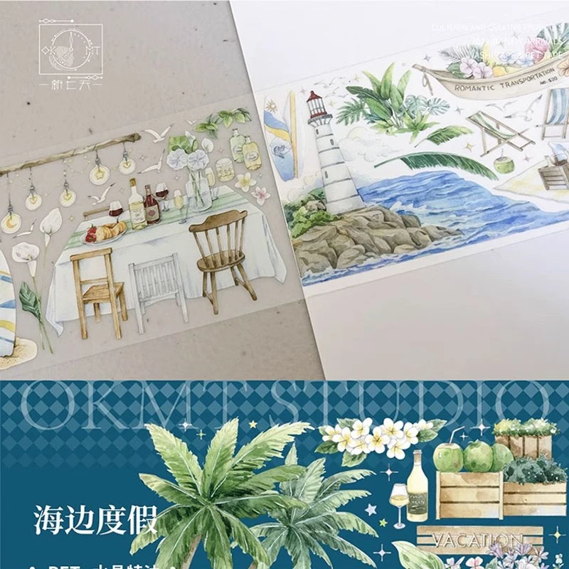 满18包邮OKMT新7天海边度假pet分装特材拼贴贝壳光流麻手帐胶带