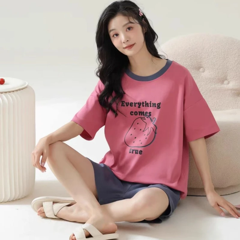 纯棉睡衣女夏季短袖短裤甜美休闲宽松夏天可外穿全棉家居服套装