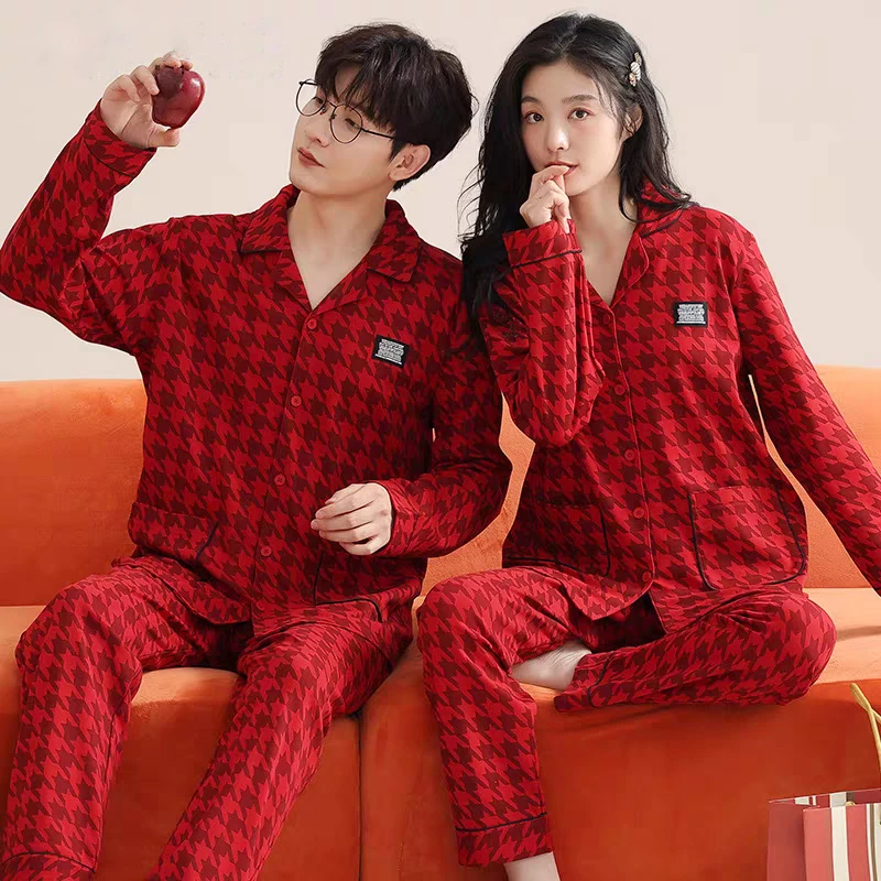 情侣睡衣纯棉睡衣女春秋款长袖红色喜庆新婚本命年秋冬家居服套装
