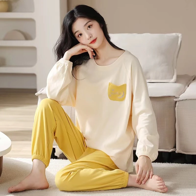 时尚纯棉睡衣女春秋款长袖休闲宽松简约可外穿秋冬全棉家居服套装