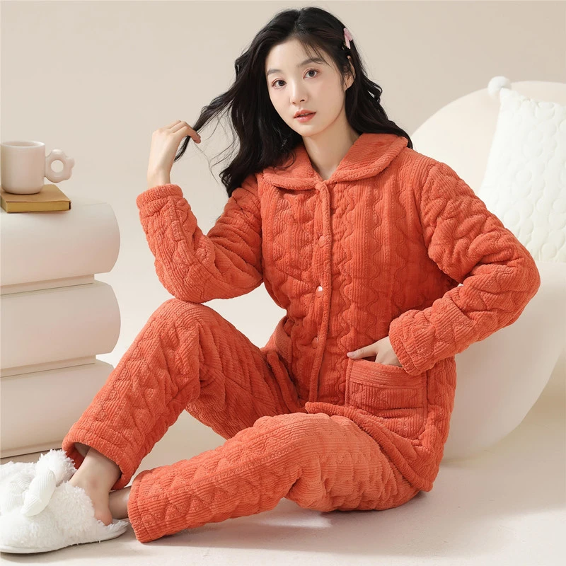 高档珊瑚绒睡衣女冬季加厚加绒三层夹棉冬天可外穿女士家居服套装