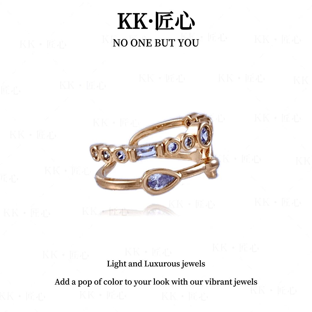 黄铜戒指 KK·匠心 双层水滴锆石个性轻奢小众镶钻开口戒指-2674