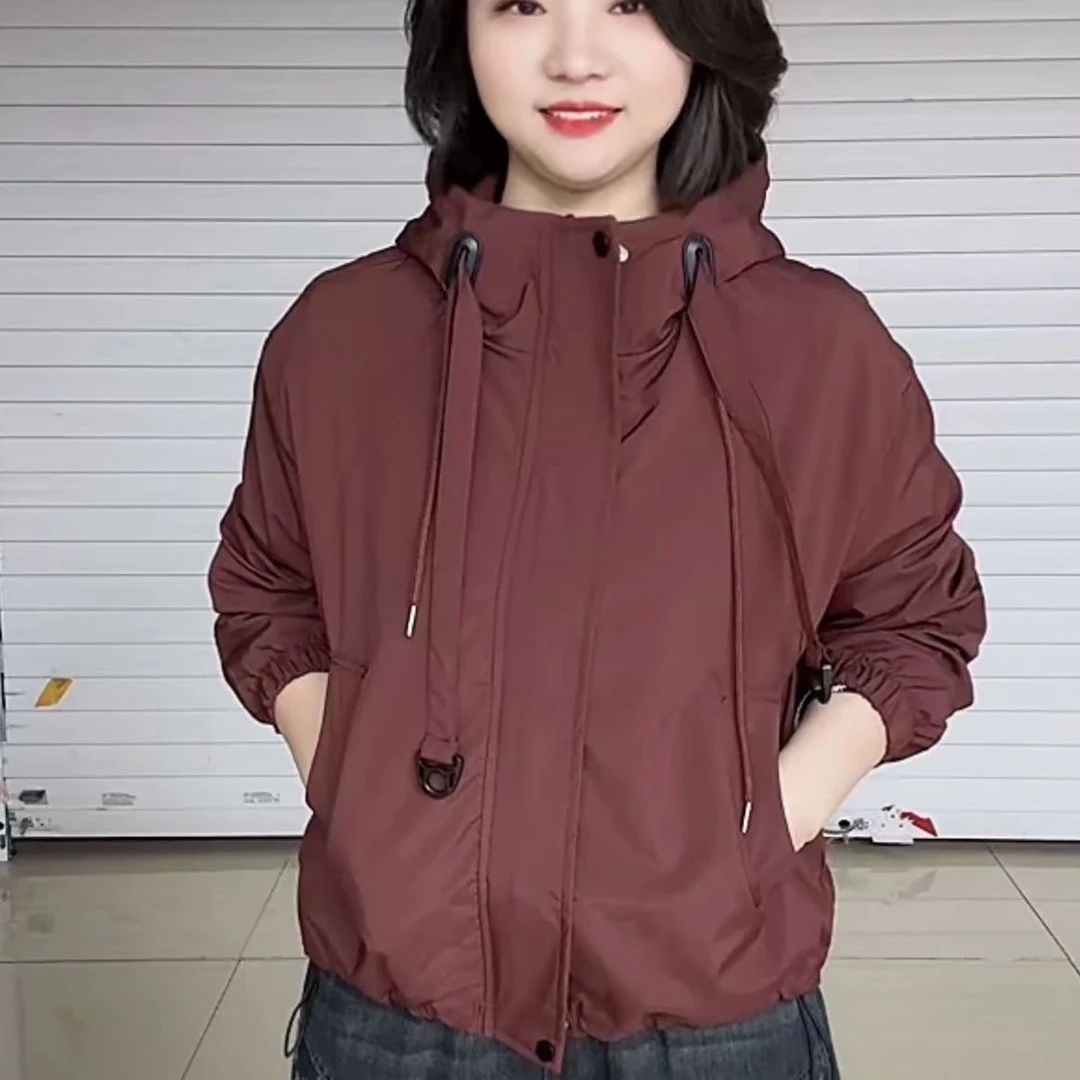休闲长袖连帽冲锋衣2024秋季简约纯色外套下摆抽绳宽松休闲外套女