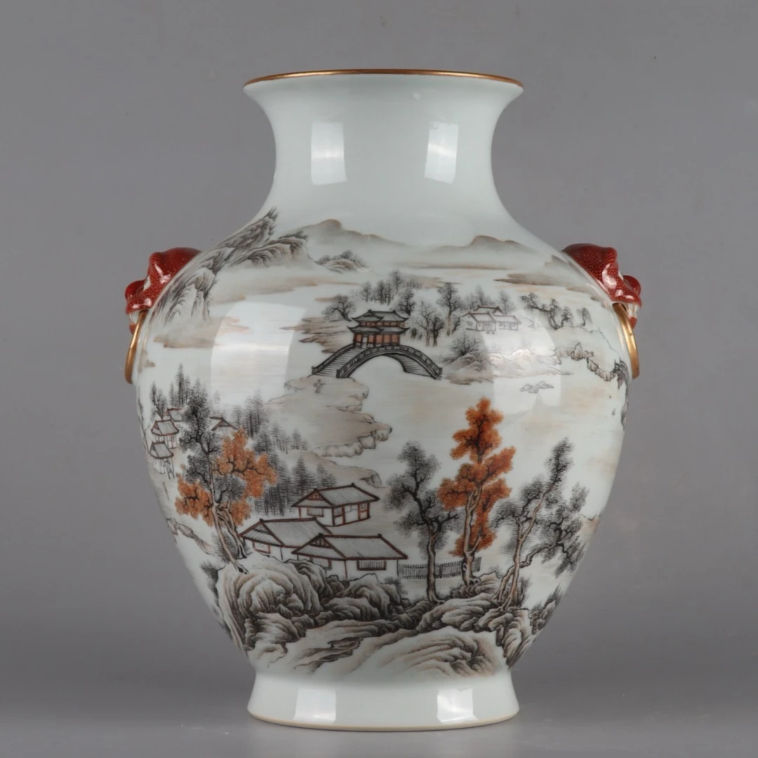 山水墨彩双耳尊手工新中式