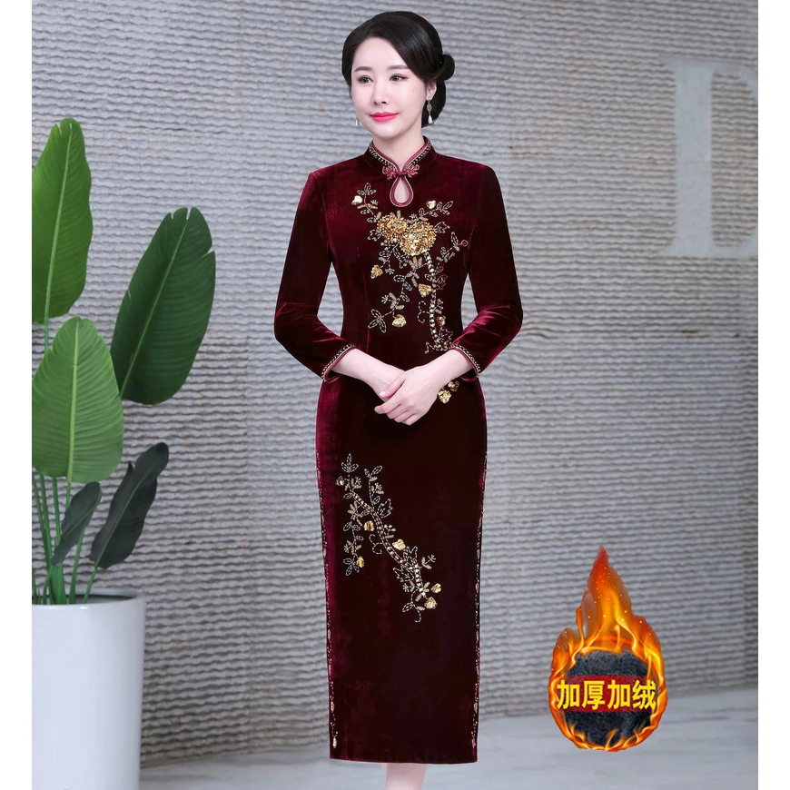 【加绒加厚】旗袍改良秋冬新款复古钉珠旗袍连衣裙大码女装钻石绒