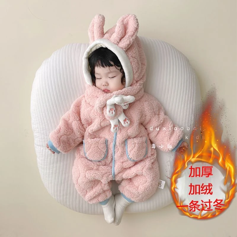 婴儿衣服冬装夹棉连体拜年服宝宝加绒加厚哈衣冬季外出抱衣爬爬服