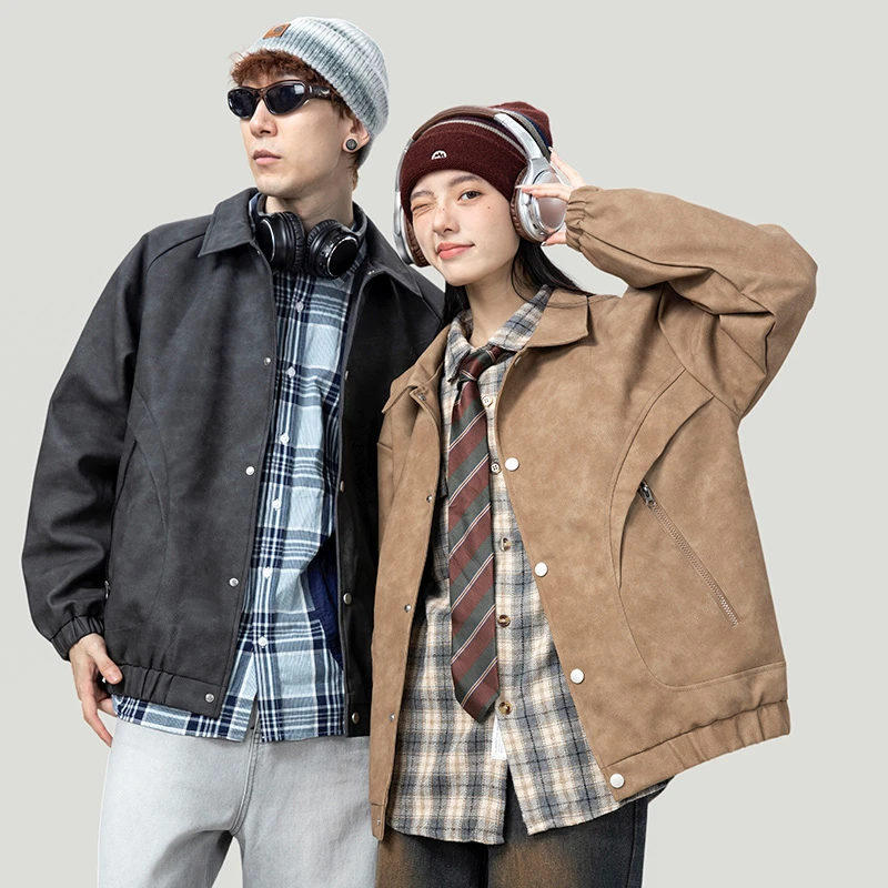 港风情侣夹克中性男女外套落肩宽松极简风皮衣可短款休闲百搭复古