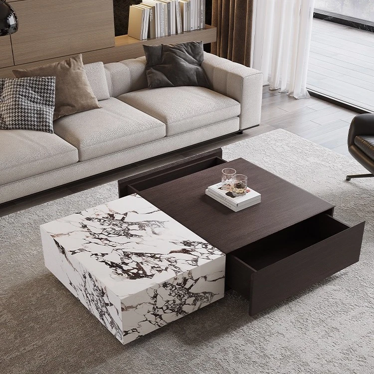 沫梵意式极简长方形小户型烟熏色轻奢现代带储物客厅家用岩板茶几