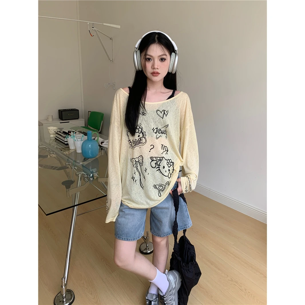 慵懒卡通印花薄款长袖T恤女夏季宽松可爱猫ins学院罩衫上衣