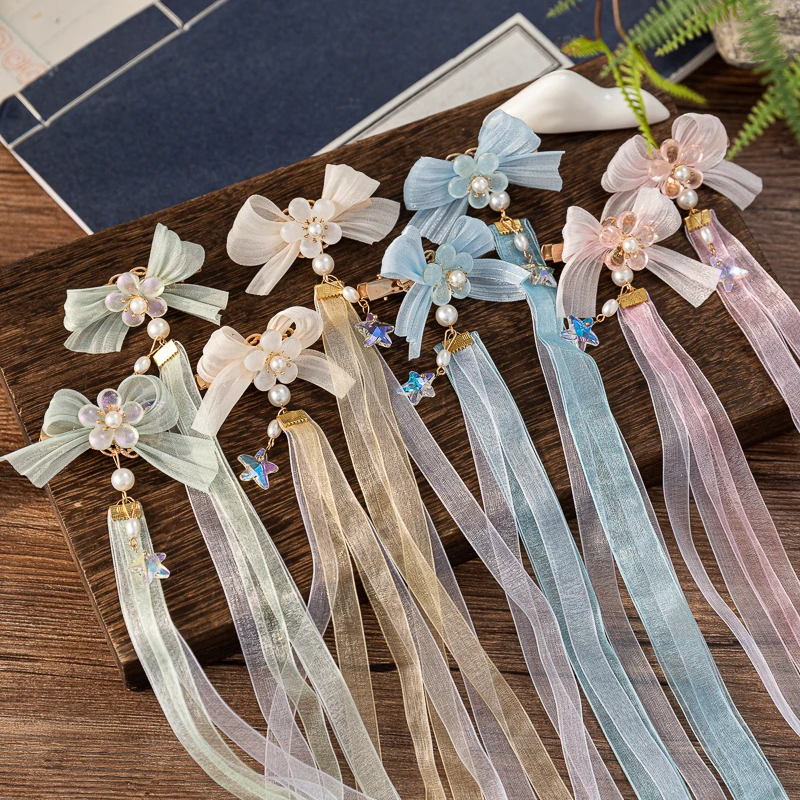 洛丽塔儿童古风头饰发夹夏季女童长飘带公主对夹宝宝汉服古风发饰