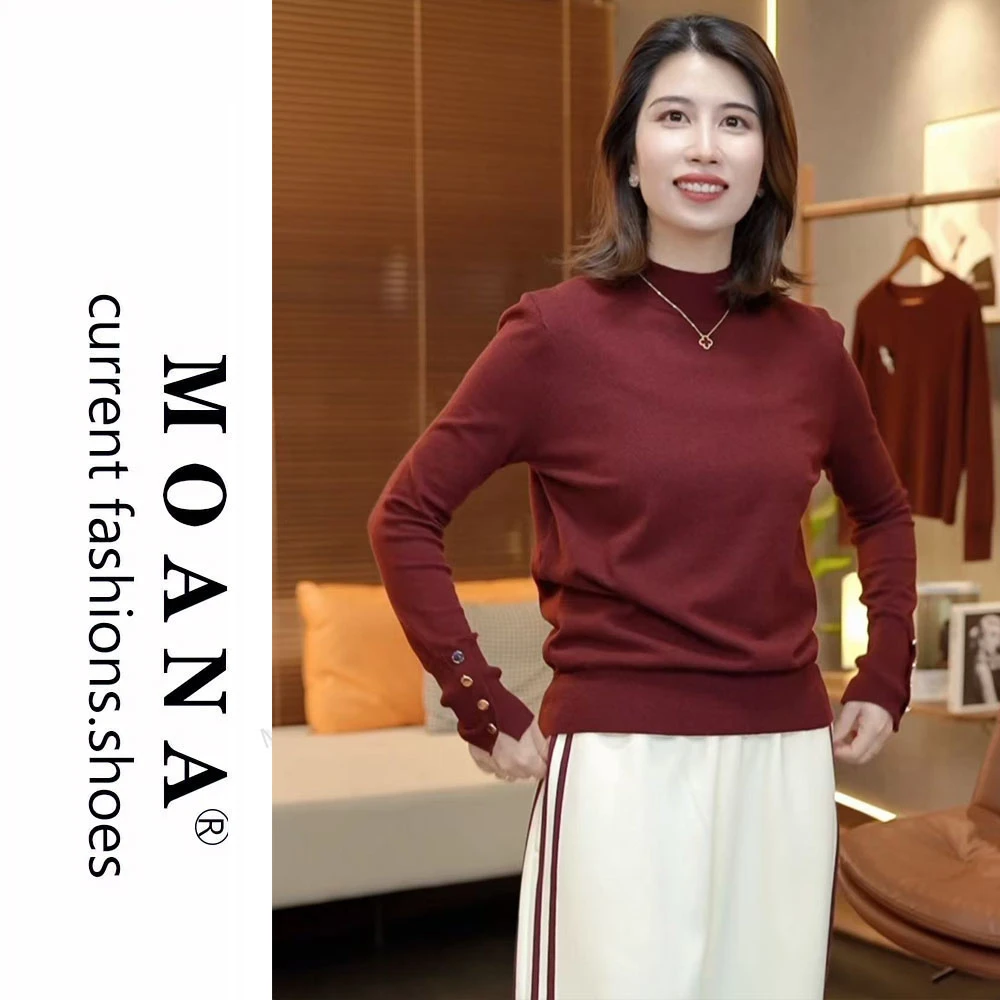 2025年秋冬显瘦保暖内搭简约袖口纽扣半高领针织衫女毛衣打底衫