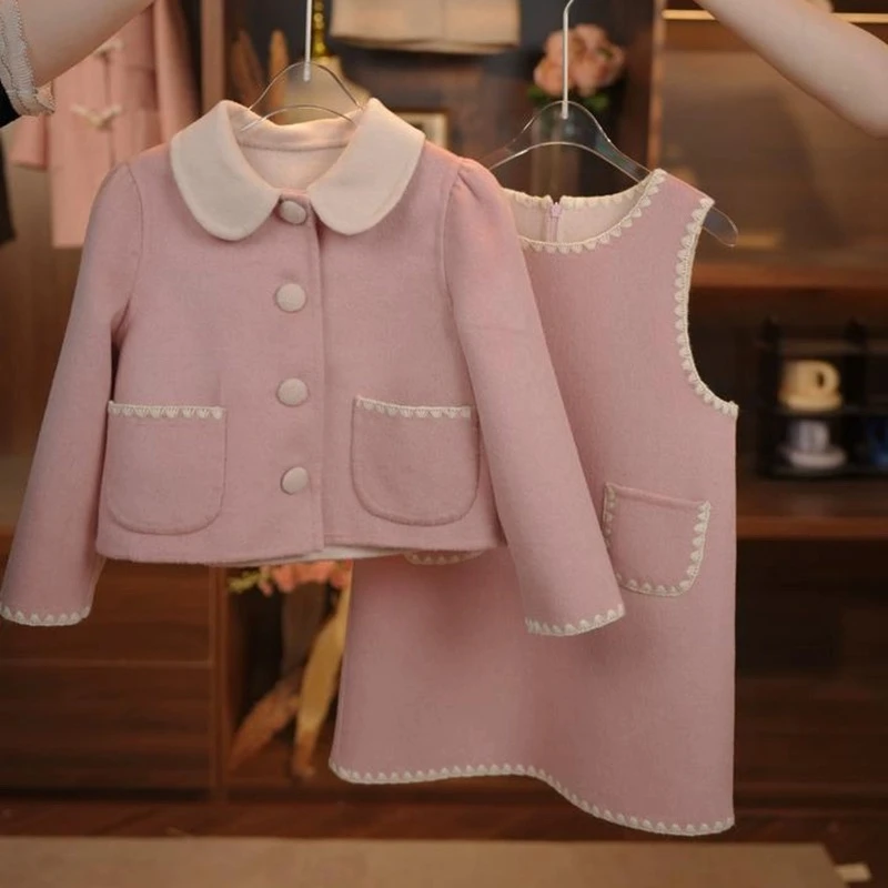 (现货)韩版童装女童小香风套装裙子儿童毛呢外套背心裙两件套