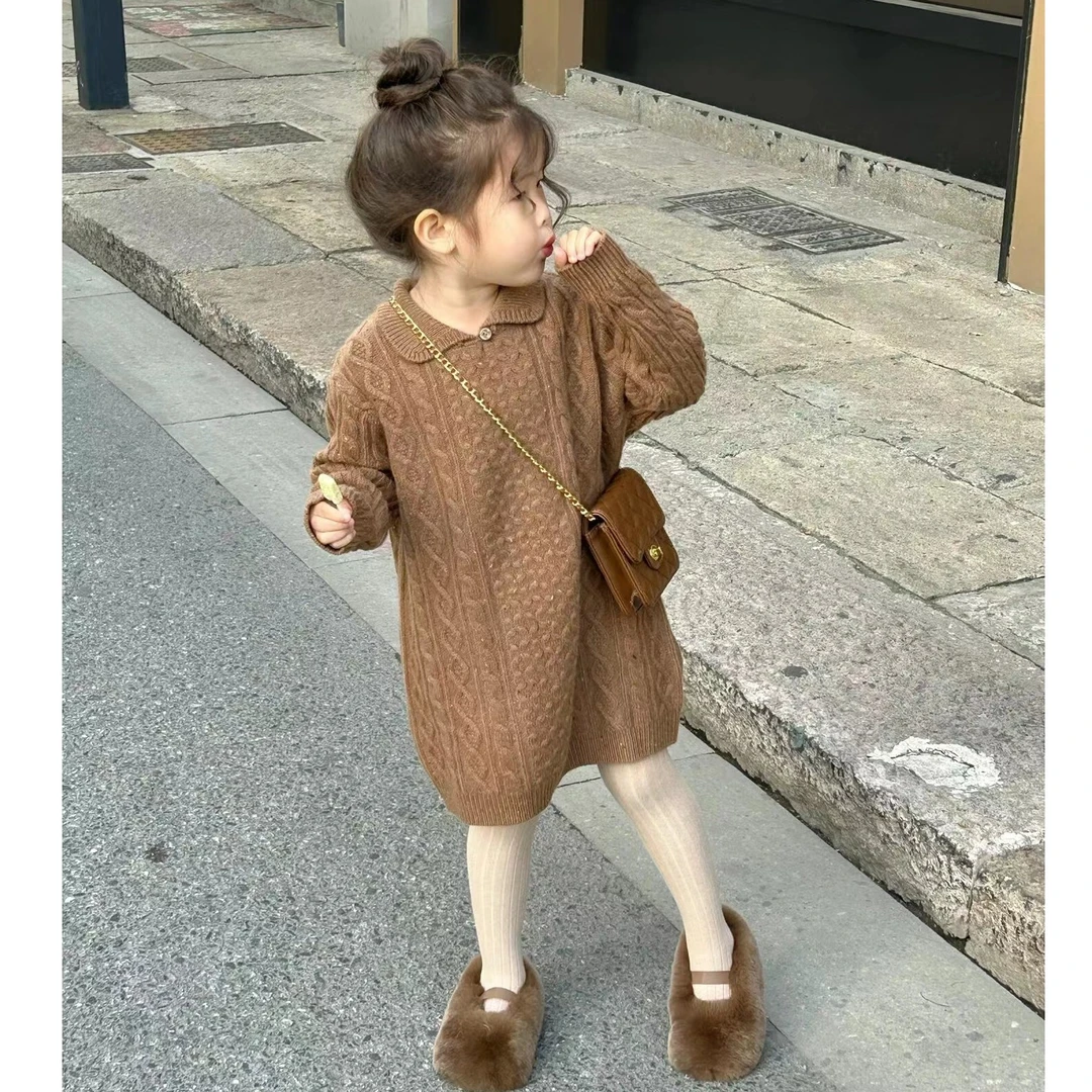 (现货)童装女童秋冬款连衣裙洋气时髦女宝宝翻领甜美针织毛衣裙
