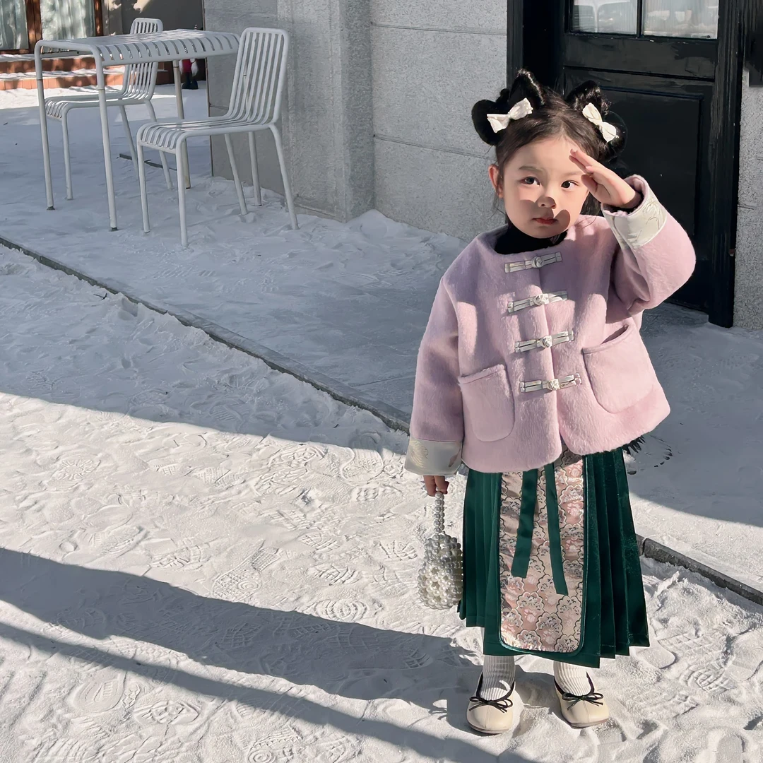 童装新中式女童冬季套装中国风紫色盘扣外套绿色马面裙两件套