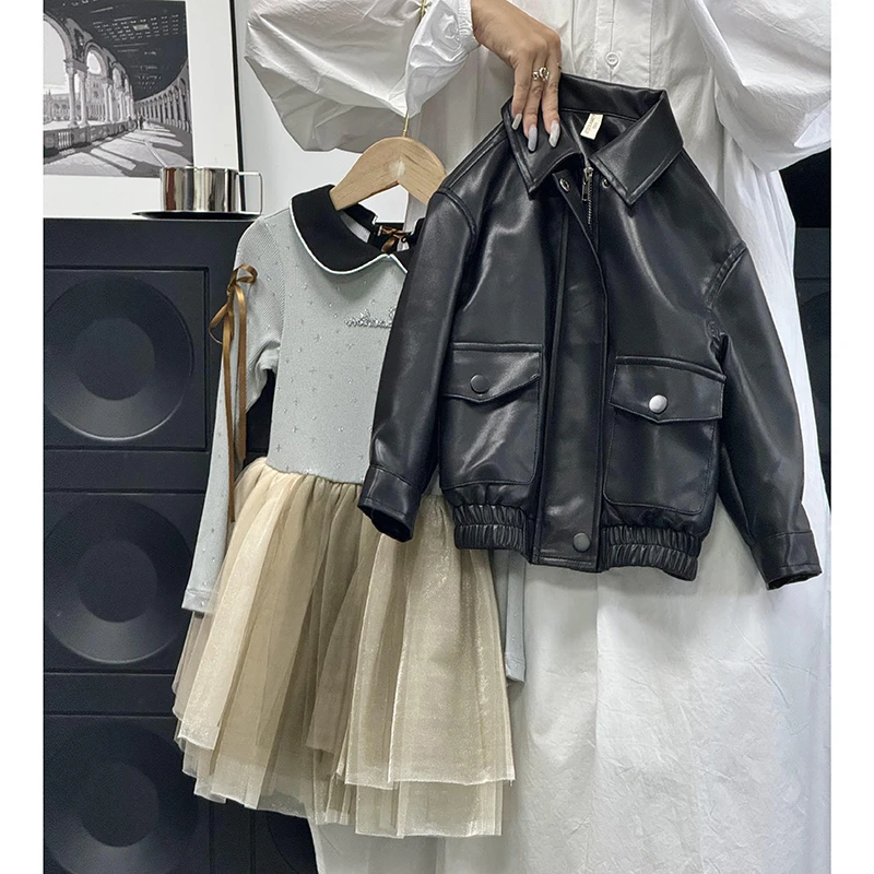 韩版2024秋季女童皮衣外套